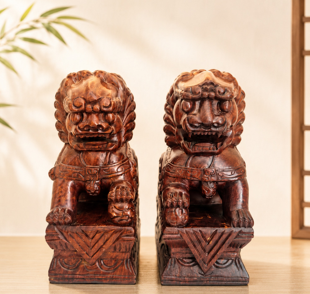 Pair Carved Wood Chinese Guardian Lions Foo Dogs 8" Feng Shui Chinoiserie Decor